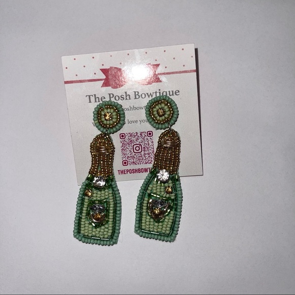 Mint Green Seed Beaded Champagne Bottle Statement Drop Earrings - Picture 4 of 11